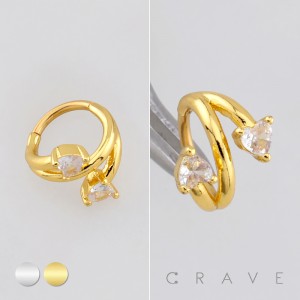 DOUBLE CZ HEART TWIST ROW SEPTUM CLICKER RING 316L SURGICAL STEEL